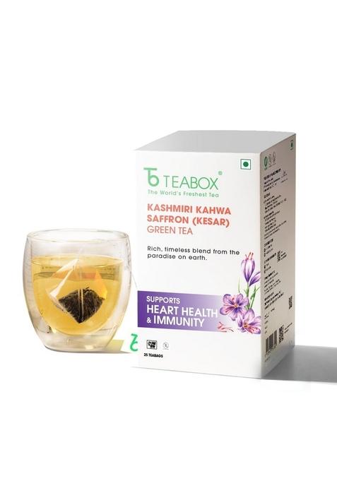 Teabox Fresh Kashmiri Kahwa Saffron (Kesar) Green Tea | 25 Teabags Handblended With Natural Saffron, Almond, Cardamom & Cloves Ingredients