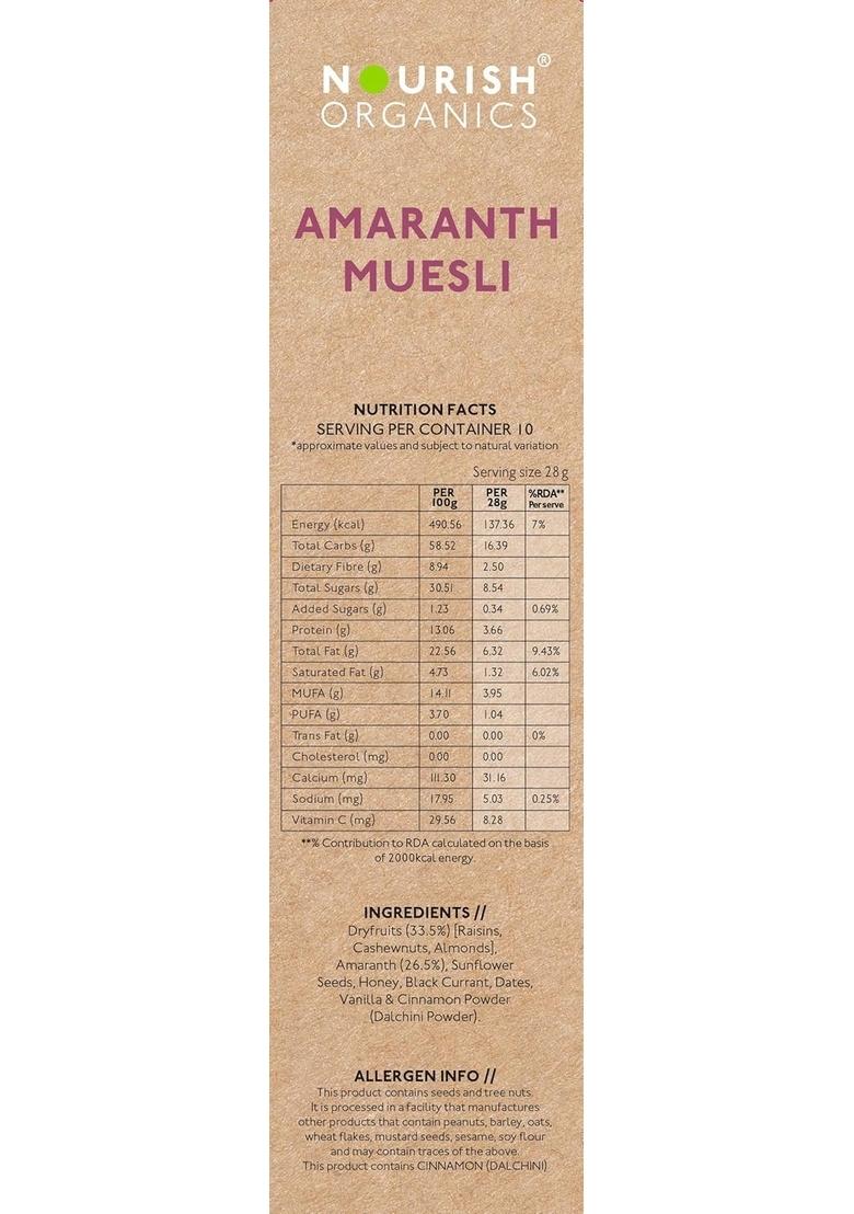 Nourish Organics Amaranth Muesli 280G Each Pack Of 2 | Healthy And Nutritious Breakfast Cereals With Whole Nuts No Refined Sugar Clean Label
