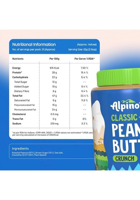 Alpino Classic Peanut Butter Crunch 1 Kg | 90% Roasted Peanuts High Protein Crunchy Gluten-Free