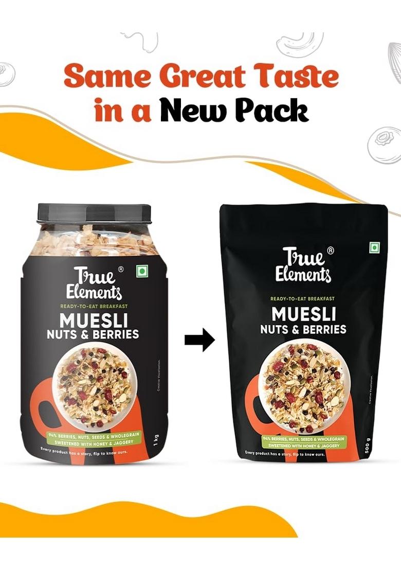 True Elements Crunchy Nuts & Berries Muesli 1Kg | Cereal For Breakfast Diet Food No Malt Extract, Corn Flakes Or Grain Flour Sugar Candied Fruits Has Almonds Cranberries Healthy