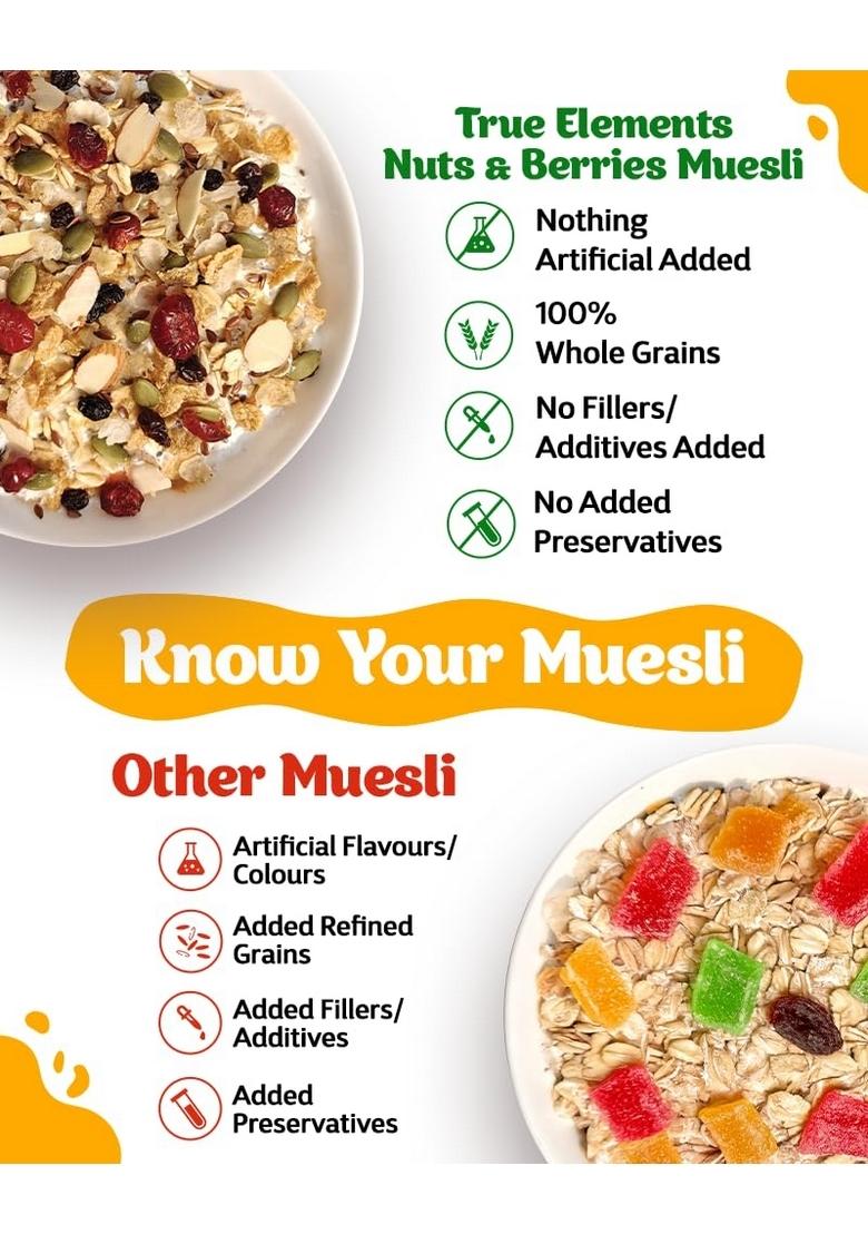 True Elements Crunchy Nuts & Berries Muesli 1Kg | Cereal For Breakfast Diet Food No Malt Extract, Corn Flakes Or Grain Flour Sugar Candied Fruits Has Almonds Cranberries Healthy