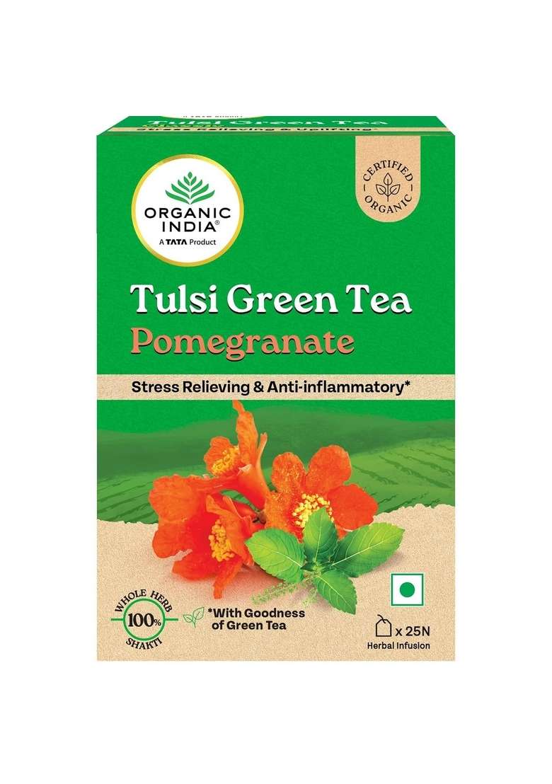 Organic India A Tata Product - Tulsi Green Tea Pomegranate 25 Bags, Certified Organic, Stress Relief, Rich In Antioxidant, & Infusion - Indya
