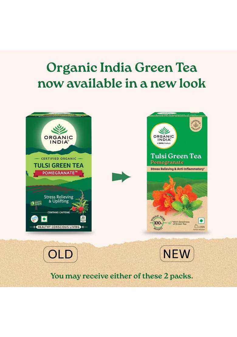 Organic India A Tata Product - Tulsi Green Tea Pomegranate 25 Bags, Certified Organic, Stress Relief, Rich In Antioxidant, & Infusion - Indya