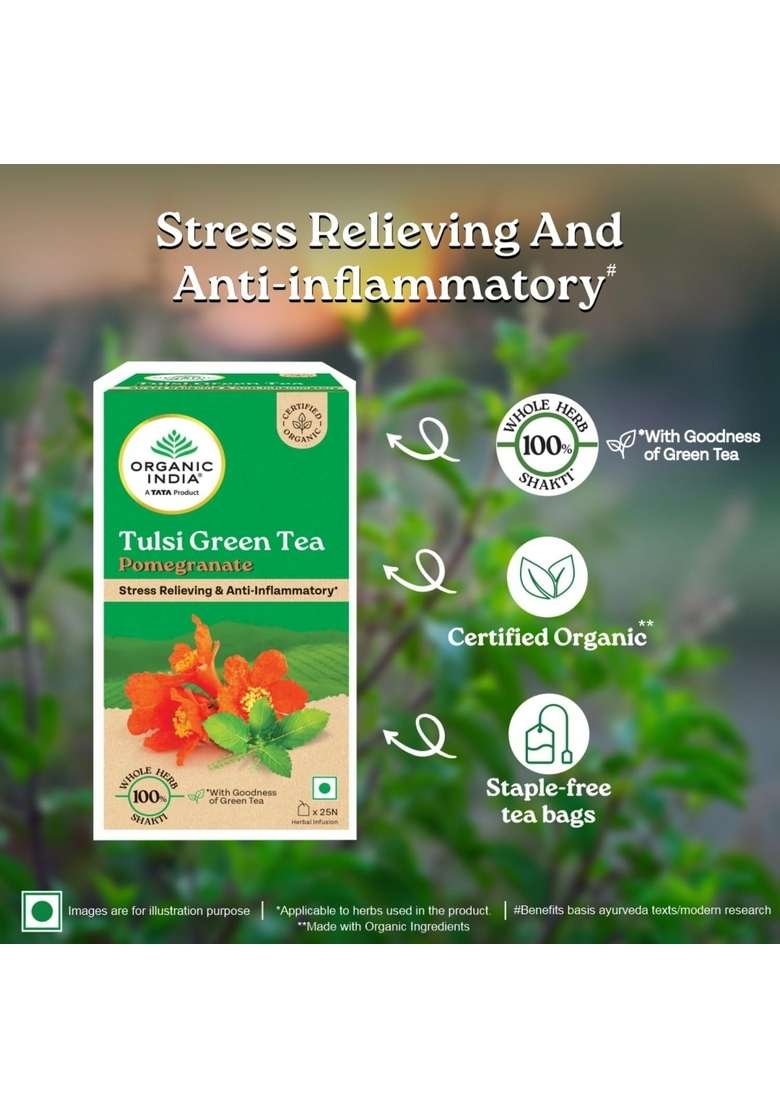 Organic India A Tata Product - Tulsi Green Tea Pomegranate 25 Bags, Certified Organic, Stress Relief, Rich In Antioxidant, & Infusion - Indya