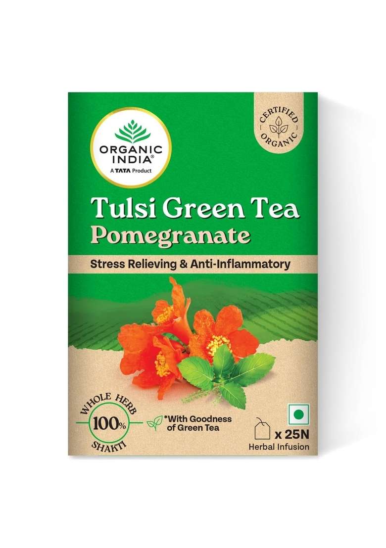 Organic India A Tata Product - Tulsi Green Tea Pomegranate 25 Bags, Certified Organic, Stress Relief, Rich In Antioxidant, & Infusion - Indya