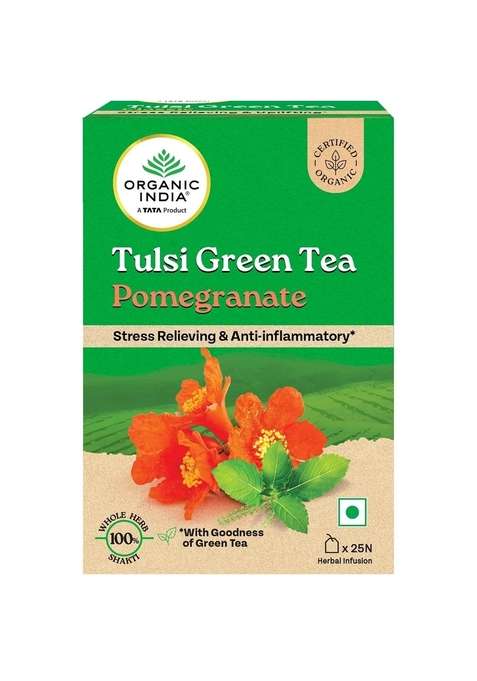Organic India A Tata Product - Tulsi Green Tea Pomegranate 25 Bags, Certified Organic, Stress Relief, Rich In Antioxidant, & Infusion
