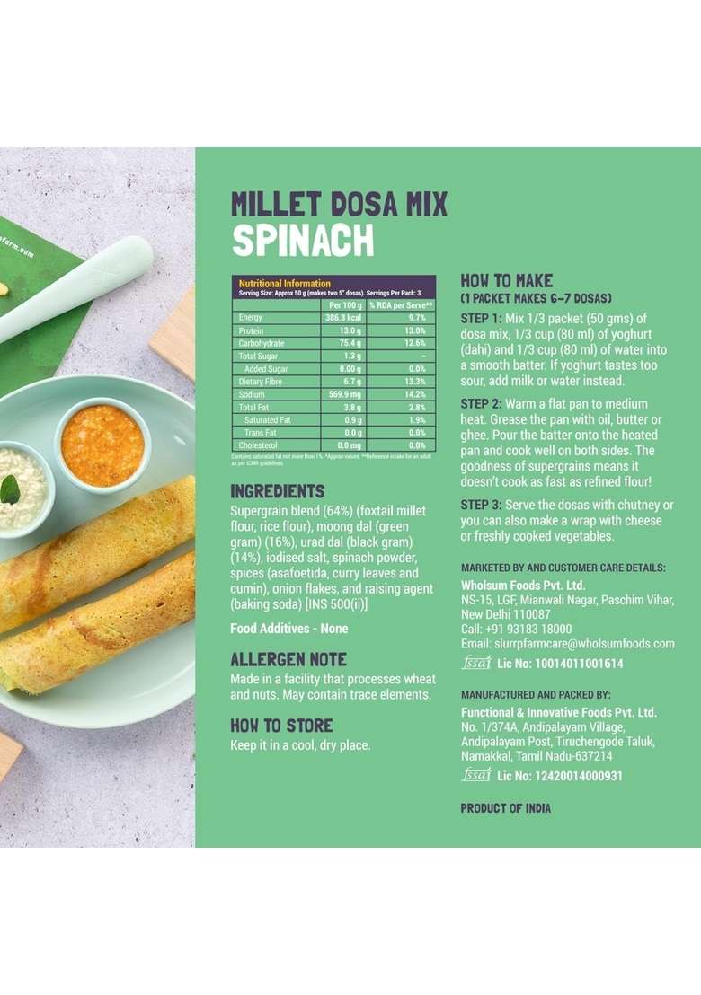Slurrp Farm Millet Dosa Instant Mix, Supergrains Spinach And Beetroot, Natural Healthy Food, 150G (Pack Of 2) - Indya