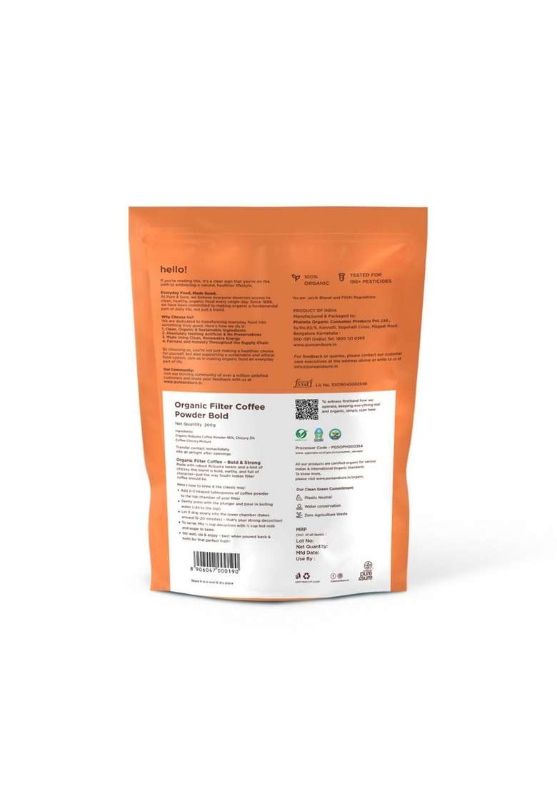 Phalada Pure & Sure Organic Filter Coffee Bold 200G | Robusta Blend (95% Coffee, 5% Chicory)| Strong Flavorful| Steam-Sterilized| Antioxidant-Rich| Sustainably Sourced - Indya