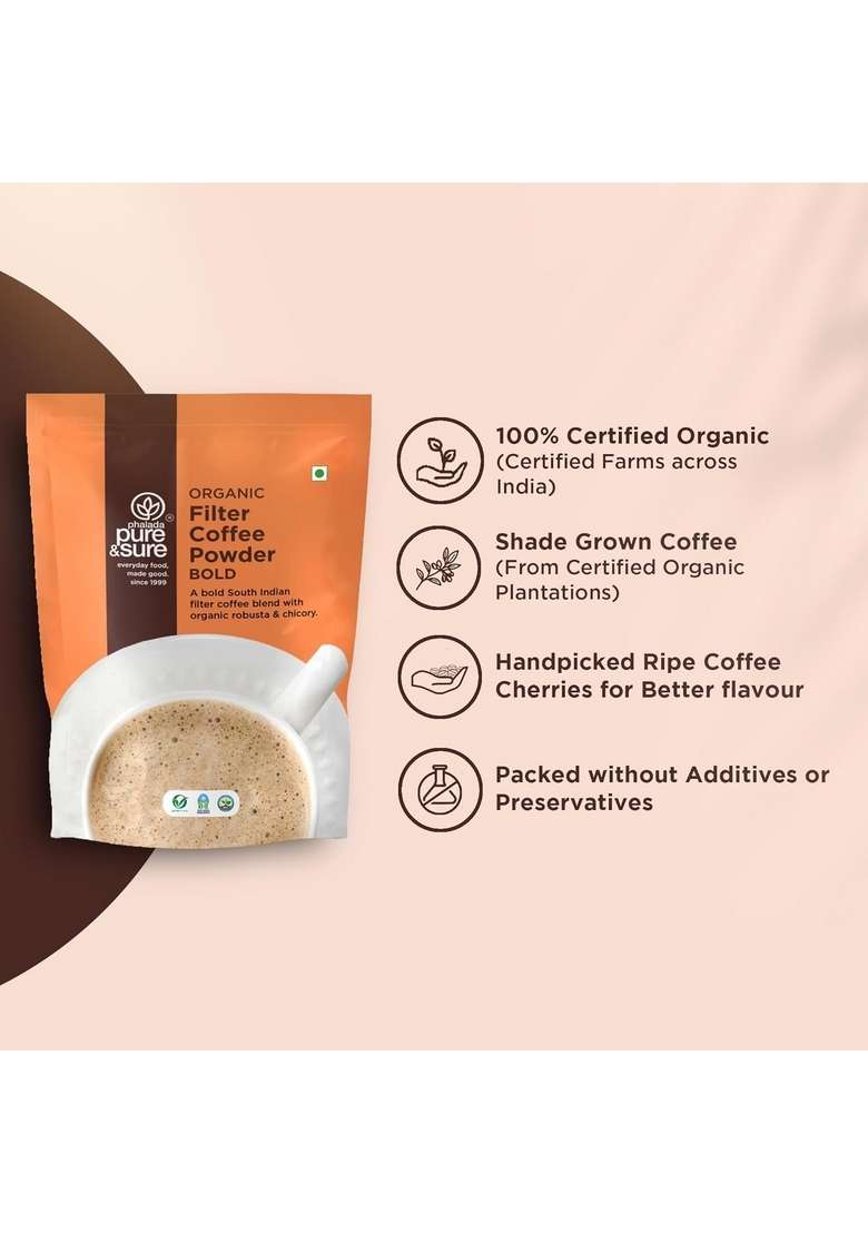 Phalada Pure & Sure Organic Filter Coffee Bold 200G | Robusta Blend (95% Coffee, 5% Chicory)| Strong Flavorful| Steam-Sterilized| Antioxidant-Rich| Sustainably Sourced - Indya