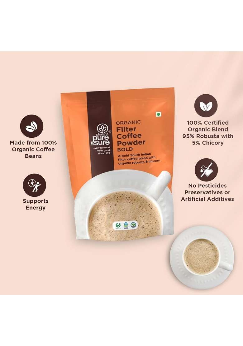 Phalada Pure & Sure Organic Filter Coffee Bold 200G | Robusta Blend (95% Coffee, 5% Chicory)| Strong Flavorful| Steam-Sterilized| Antioxidant-Rich| Sustainably Sourced - Indya