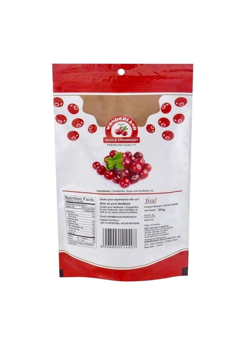 Wonderland Foods (Device) 200G Healthy & Tasty Californian Whole Dried Cranberry Pouch | Dry Fruits
