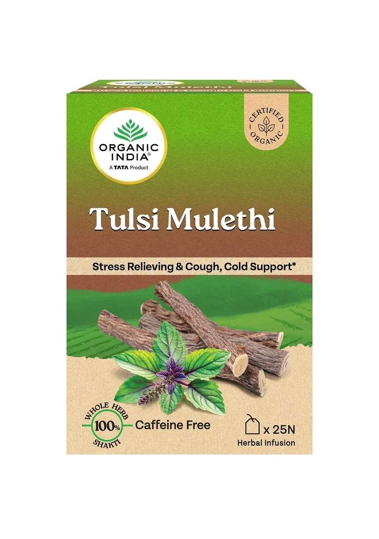 Organic India A Tata Product - Tulsi Mulethi 25 Tea Bags, Rich In Antioxidants, Eases Cough & Cold Symptoms, Stress Relieving, Boosts Immunity, Caffeine-Free, Whole Herbs Certified - Indya