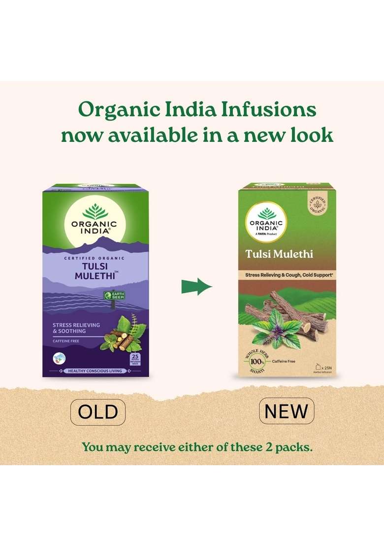 Organic India A Tata Product - Tulsi Mulethi 25 Tea Bags, Rich In Antioxidants, Eases Cough & Cold Symptoms, Stress Relieving, Boosts Immunity, Caffeine-Free, Whole Herbs Certified - Indya