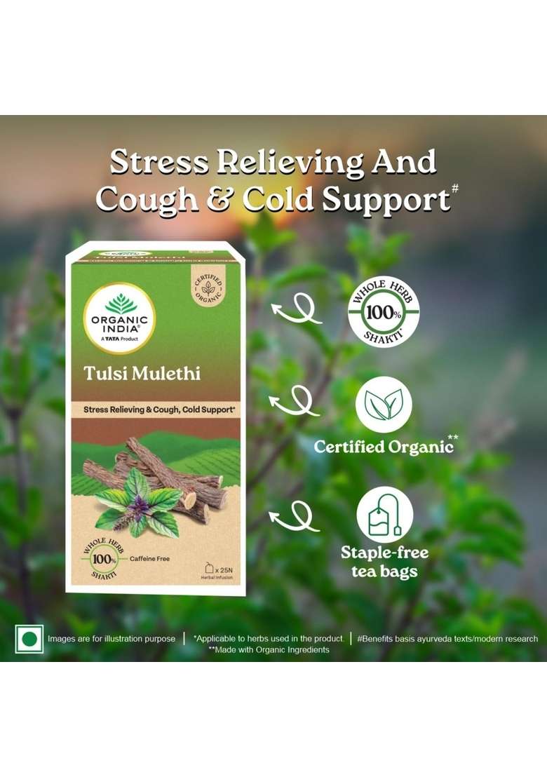 Organic India A Tata Product - Tulsi Mulethi 25 Tea Bags, Rich In Antioxidants, Eases Cough & Cold Symptoms, Stress Relieving, Boosts Immunity, Caffeine-Free, Whole Herbs Certified - Indya