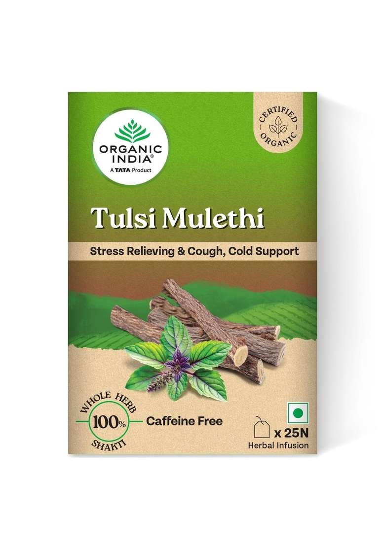 Organic India A Tata Product - Tulsi Mulethi 25 Tea Bags, Rich In Antioxidants, Eases Cough & Cold Symptoms, Stress Relieving, Boosts Immunity, Caffeine-Free, Whole Herbs Certified - Indya
