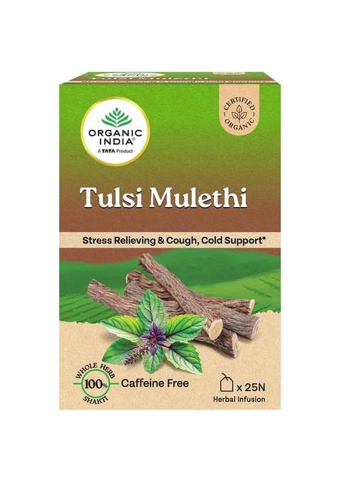 Organic India A Tata Product - Tulsi Mulethi 25 Tea Bags, Rich In Antioxidants, Eases Cough & Cold Symptoms, Stress Relieving, Boosts Immunity, Caffeine-Free, Whole Herbs Certified