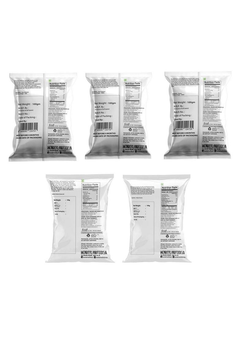 Wonderland Foods (Device) 500G (100G X 5) Dry Fruits Combo Of Pistachios, Almond, Cashew, Golden Raisins & Walnut Kernel 100G Each