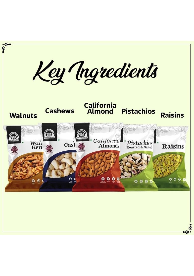 Wonderland Foods (Device) 500G (100G X 5) Dry Fruits Combo Of Pistachios, Almond, Cashew, Golden Raisins & Walnut Kernel 100G Each