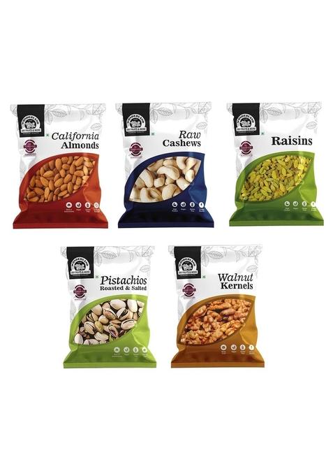 Wonderland Foods (Device) 500G (100G X 5) Dry Fruits Combo Of Pistachios, Almond, Cashew, Golden Raisins & Walnut Kernel 100G Each