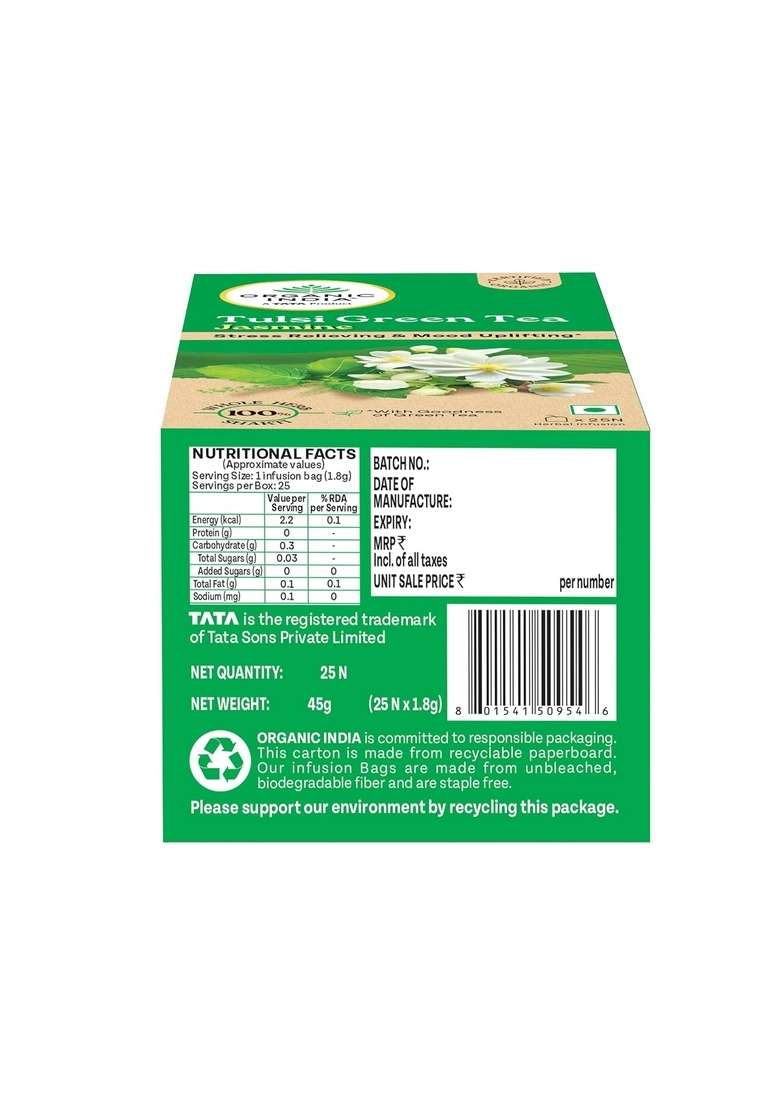 Organic India A Tata Product - Tulsi Green Tea Jasmine 25 Bags, Certified Organic, Stress Relief, Mood Uplifting, Antioxidant Power, Soothing Blend - Indya