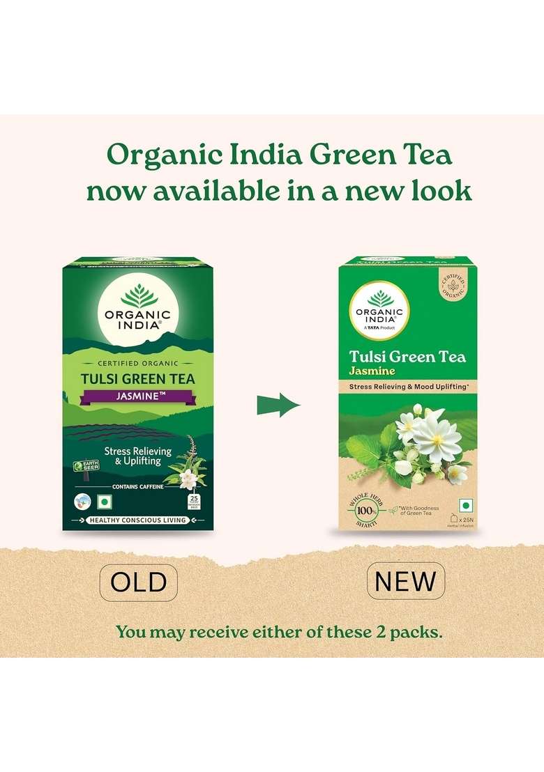 Organic India A Tata Product - Tulsi Green Tea Jasmine 25 Bags, Certified Organic, Stress Relief, Mood Uplifting, Antioxidant Power, Soothing Blend - Indya