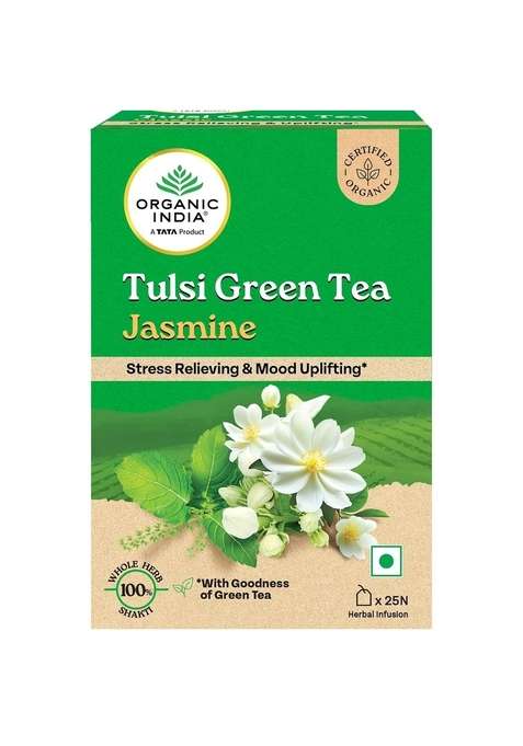 Organic India A Tata Product - Tulsi Green Tea Jasmine 25 Bags, Certified Organic, Stress Relief, Mood Uplifting, Antioxidant Power, Soothing Blend