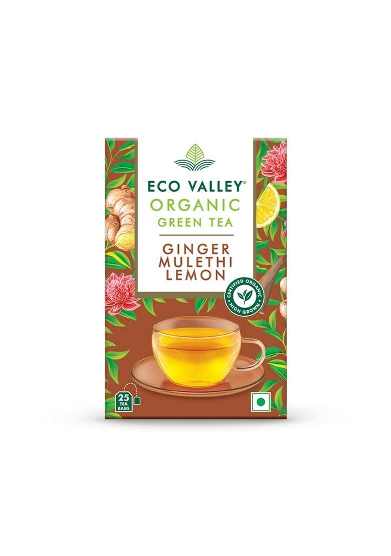 Eco Valley Organic Green Tea - Ginger Mulethi Lemon 25 Bags | Grown In Nilgiris, 50 Grams, Pack Of 1 - Indya