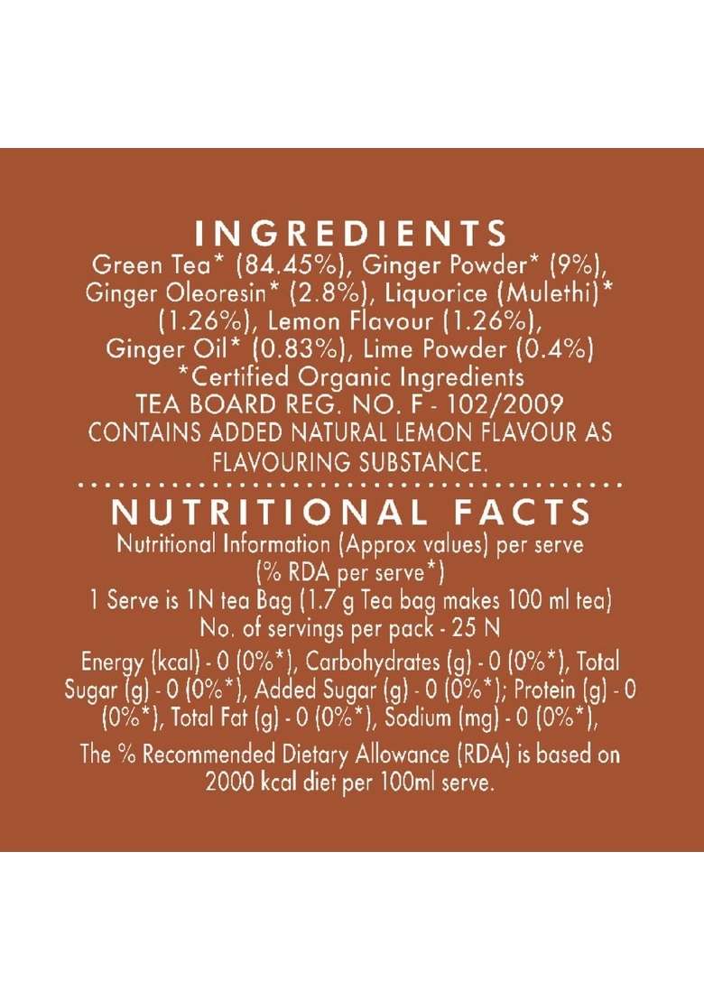 Eco Valley Organic Green Tea - Ginger Mulethi Lemon 25 Bags | Grown In Nilgiris, 50 Grams, Pack Of 1 - Indya