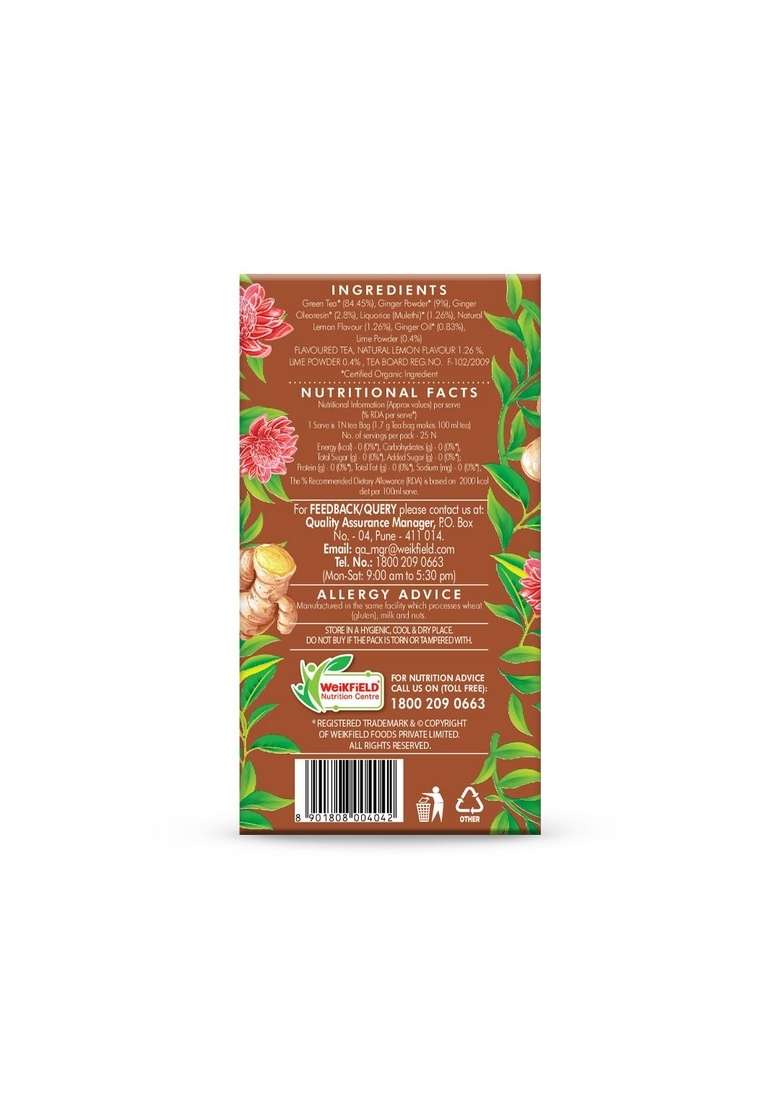 Eco Valley Organic Green Tea - Ginger Mulethi Lemon 25 Bags | Grown In Nilgiris, 50 Grams, Pack Of 1 - Indya