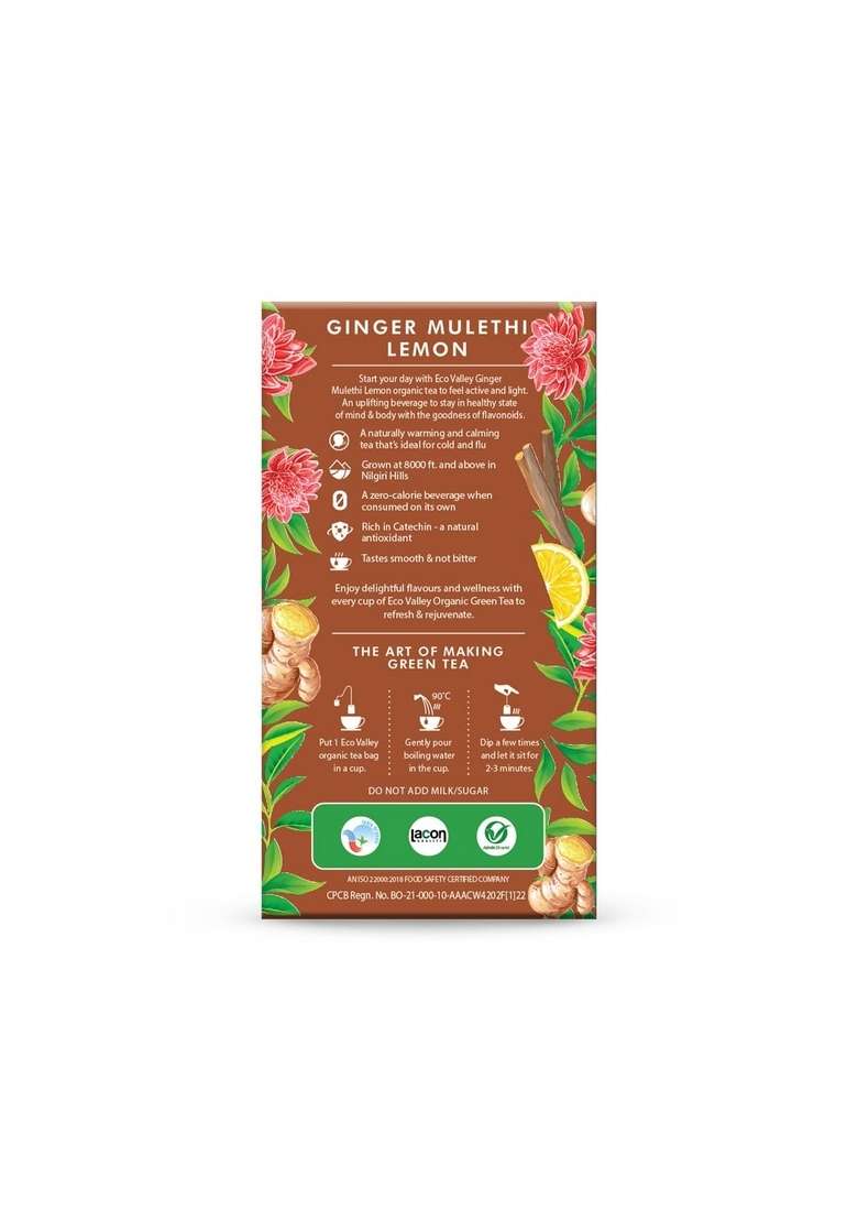 Eco Valley Organic Green Tea - Ginger Mulethi Lemon 25 Bags | Grown In Nilgiris, 50 Grams, Pack Of 1 - Indya