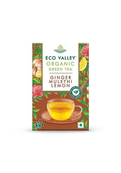Eco Valley Organic Green Tea - Ginger Mulethi Lemon 25 Bags | Grown In Nilgiris, 50 Grams, Pack Of 1