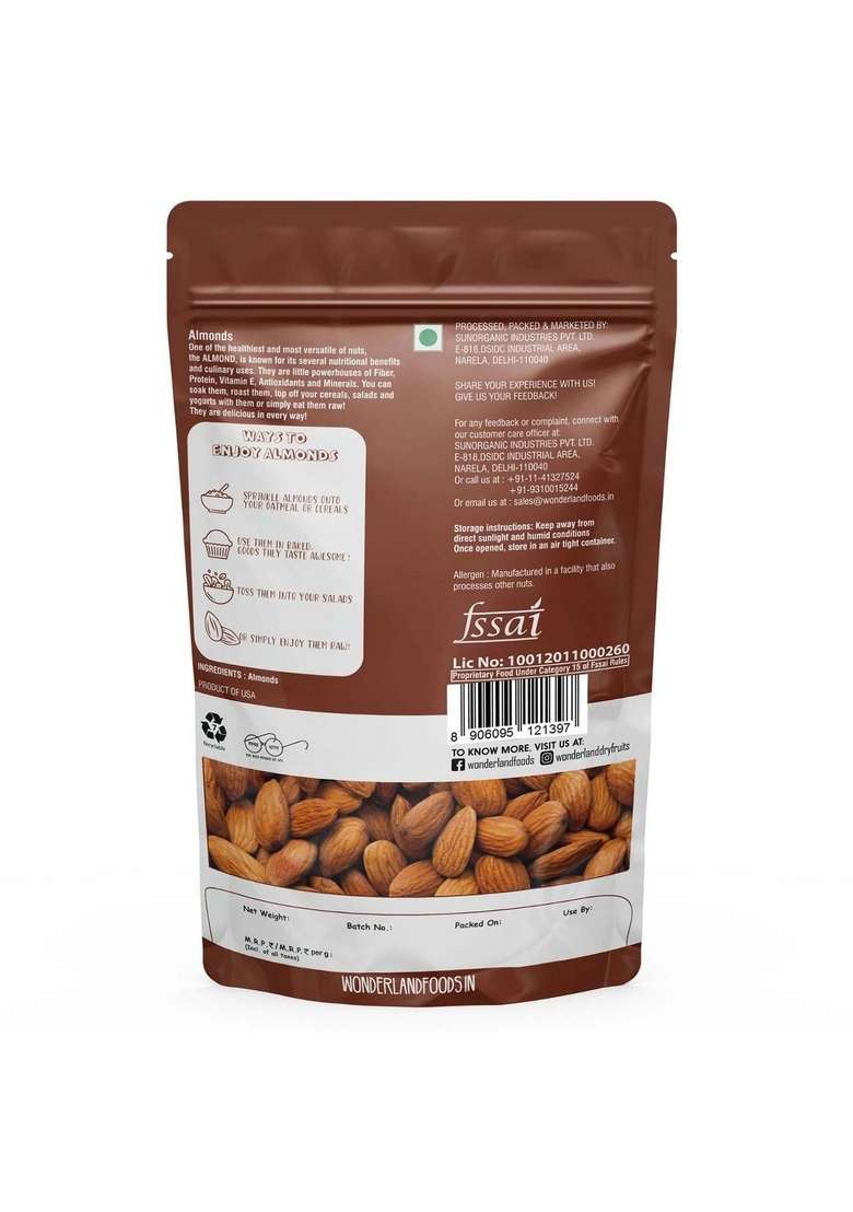 Wonderland Foods (Device) 200G Premium Raw California Almonds (Badam) Pouch | Badam Giri Nutritious & Delicious High In Fiber Boost Immunity Dry Fruits Real Nuts Gluten Free - Indya