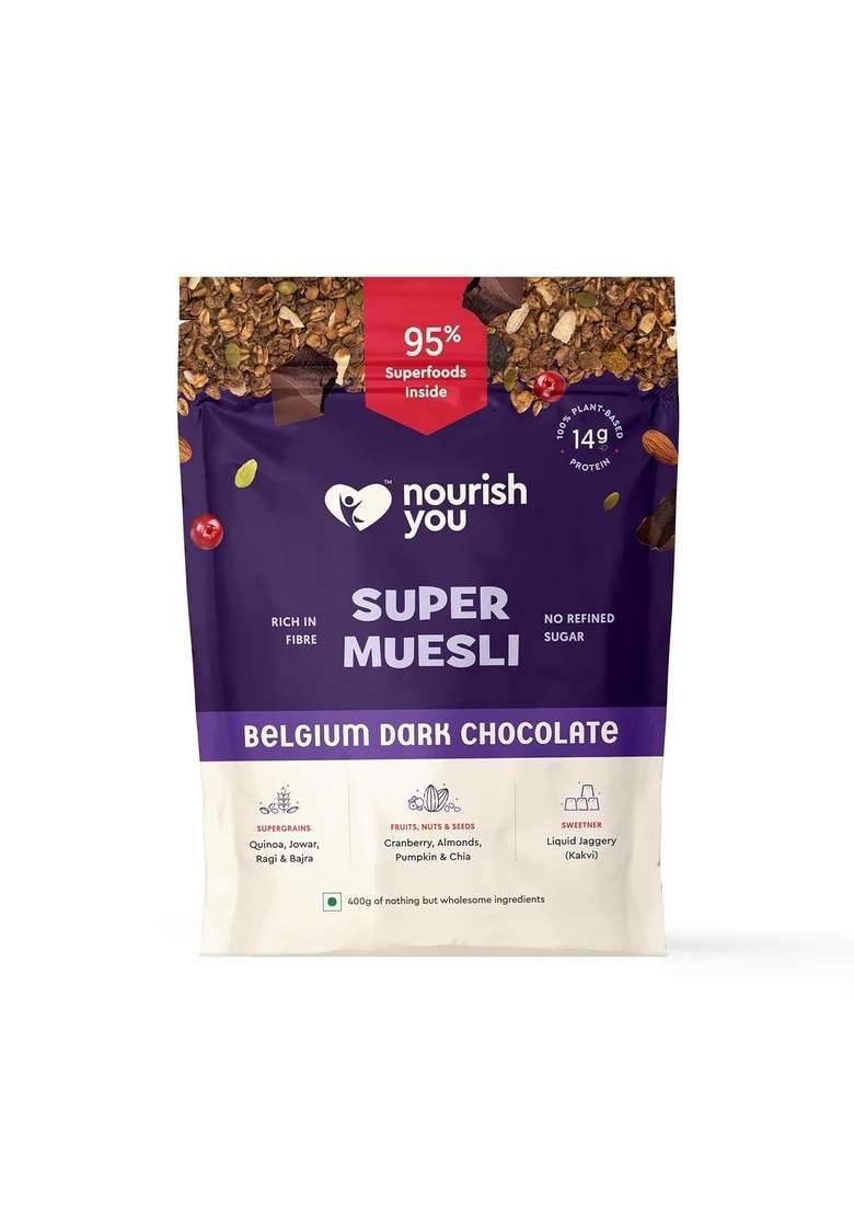 Nourish You Super Muesli Belgium Dark Chocolate 400G | High Protein Breakfast With Raisins, Almonds, Oats & No Refined Sugar Cereal Supergrains Quinoa , Jowar Bajra Ragi - Indya