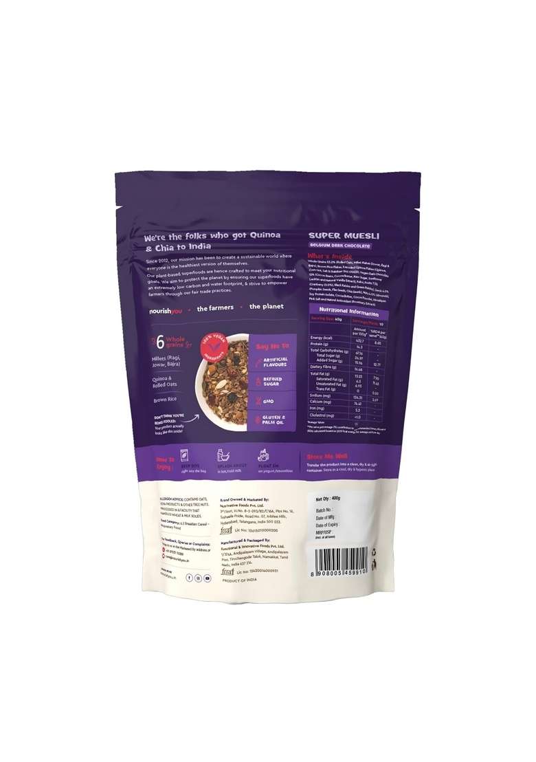 Nourish You Super Muesli Belgium Dark Chocolate 400G | High Protein Breakfast With Raisins, Almonds, Oats & No Refined Sugar Cereal Supergrains Quinoa , Jowar Bajra Ragi - Indya