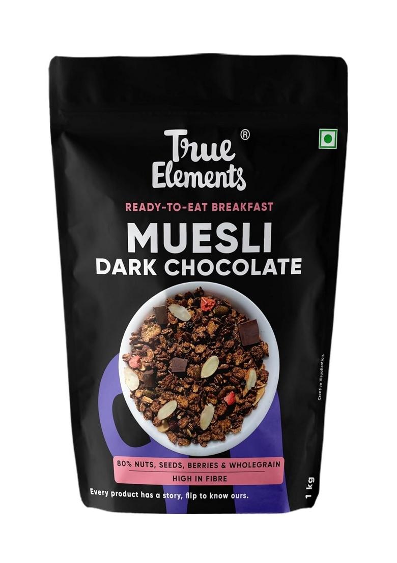 True Elements Dark Chocolate Muesli 1Kg | Nuts & Berries 13G Clean Protein 13% Millet Cereal For Breakfast Gluten Free
