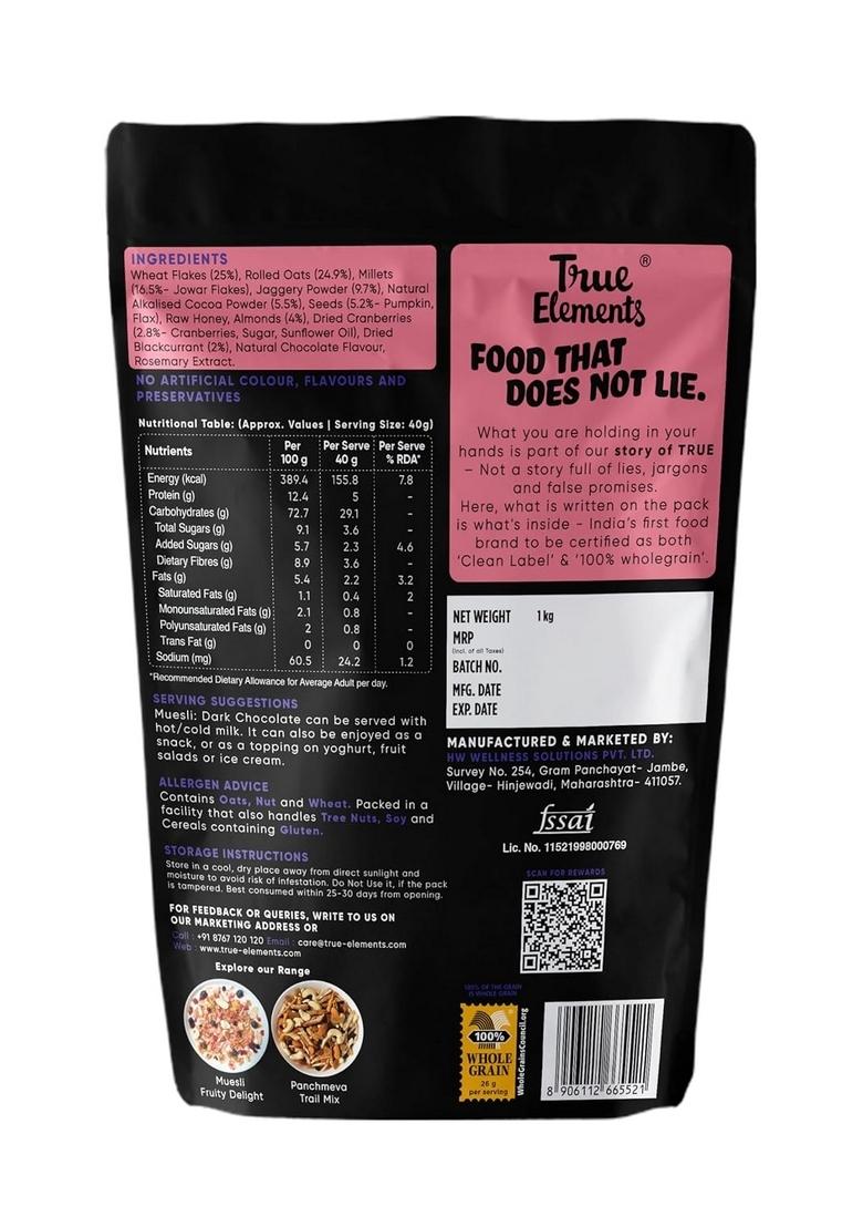 True Elements Dark Chocolate Muesli 1Kg | Nuts & Berries 13G Clean Protein 13% Millet Cereal For Breakfast Gluten Free