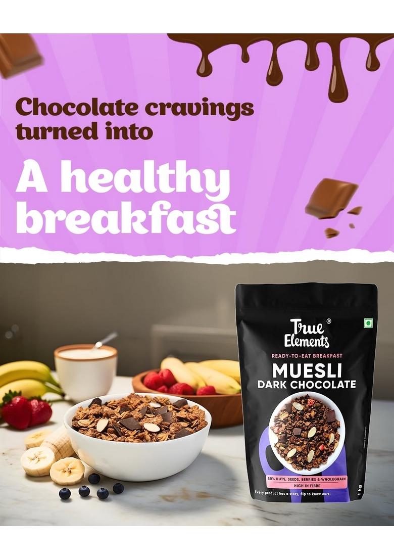 True Elements Dark Chocolate Muesli 1Kg | Nuts & Berries 13G Clean Protein 13% Millet Cereal For Breakfast Gluten Free