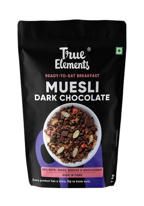 True Elements Dark Chocolate Muesli 1Kg | Nuts & Berries 13G Clean Protein 13% Millet Cereal For Breakfast Gluten Free