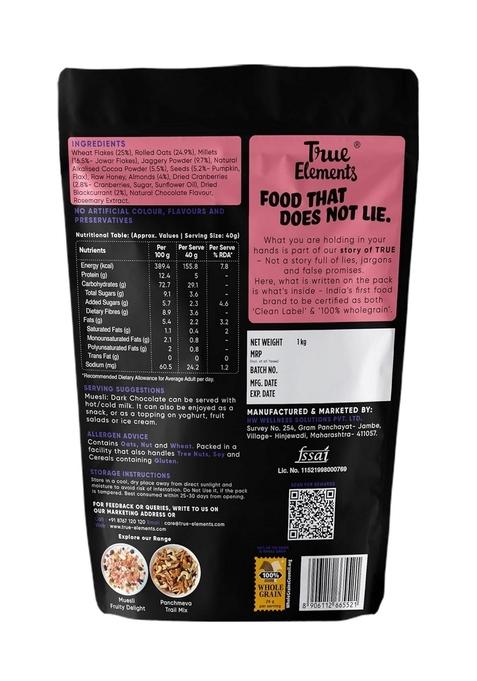 True Elements Dark Chocolate Muesli 1Kg | Nuts & Berries 13G Clean Protein 13% Millet Cereal For Breakfast Gluten Free