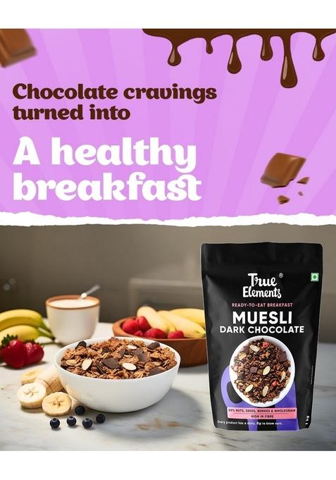 True Elements Dark Chocolate Muesli 1Kg | Nuts & Berries 13G Clean Protein 13% Millet Cereal For Breakfast Gluten Free