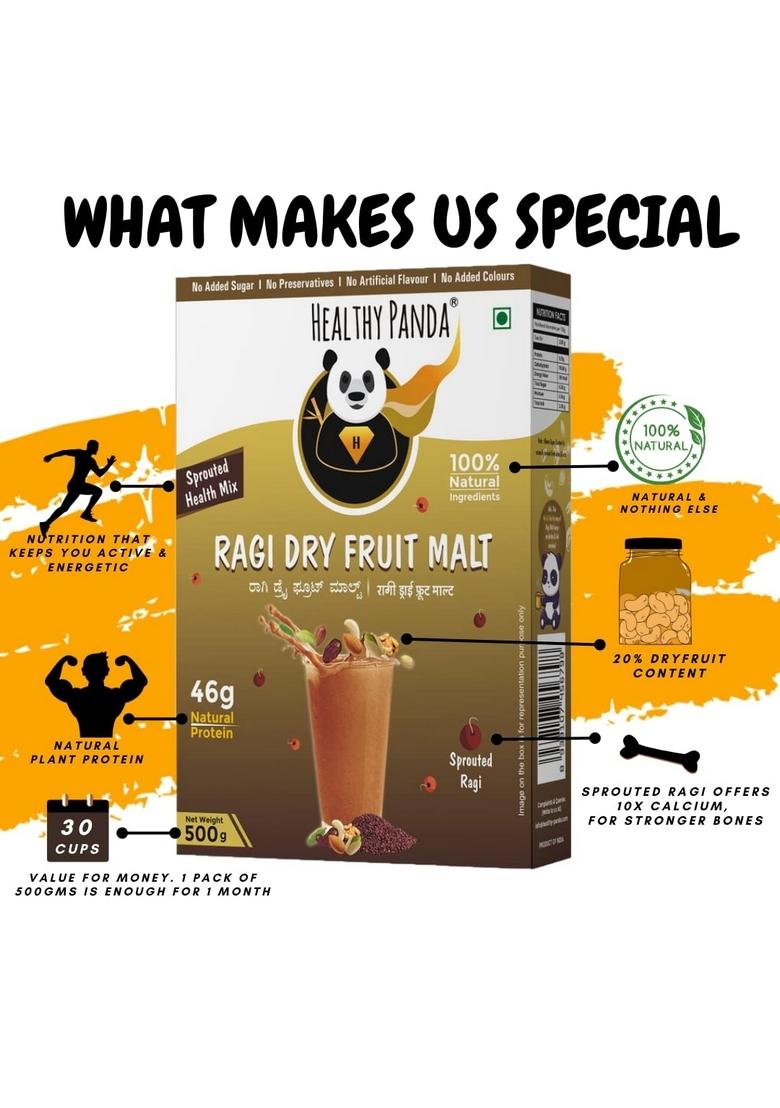 Healthy Panda Organic Sprouted Ragi Dry Fruit Malt 800 G- Sugar Free-Health Mix/Milk Drink For Kids/Health Mix Adults/Women Nutrition Drink/Millets Food/Dryfruit Powder