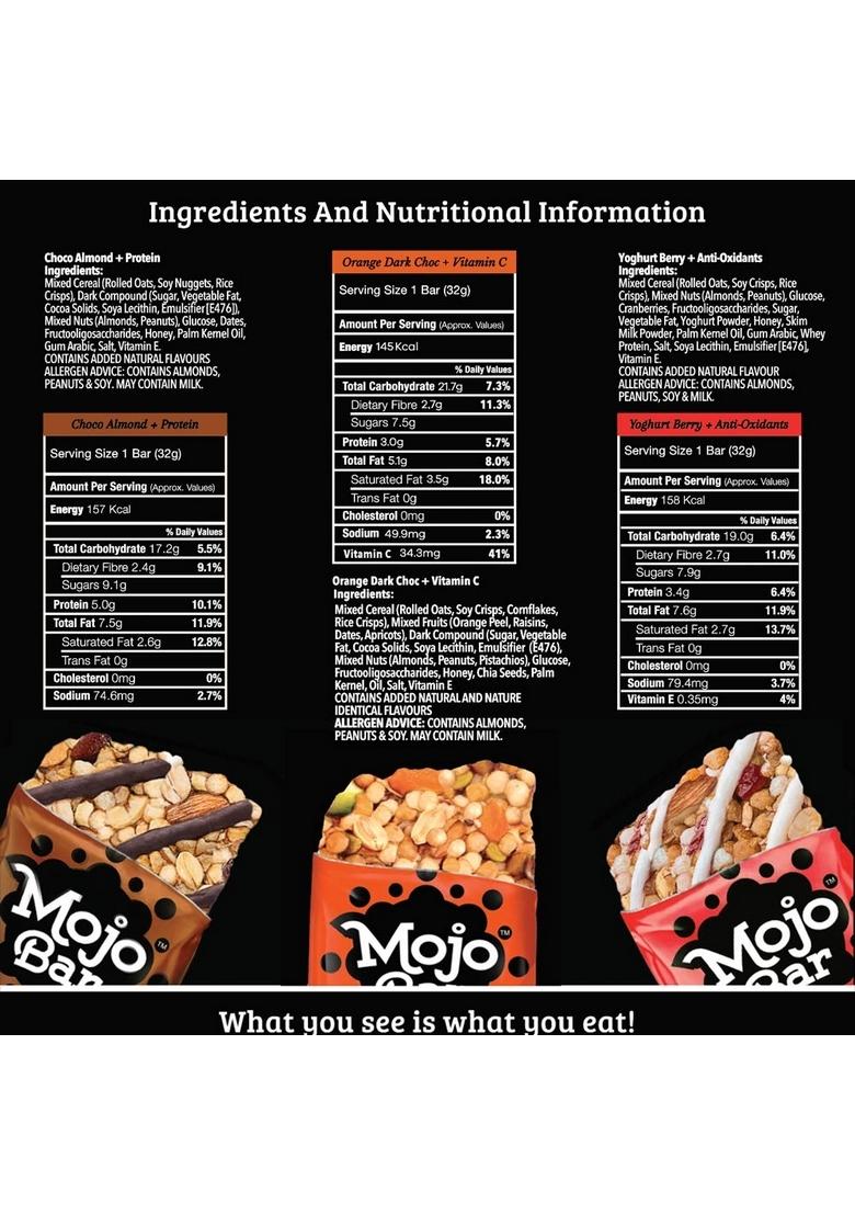Mojo Bar Energy Bars Variety Pack | Choco Almond, Yoghurt Berry & Orange Dark 100% Whole Grains, Nut Fruit High Granola Of 6 X 32G Gluten Free No Preservatives