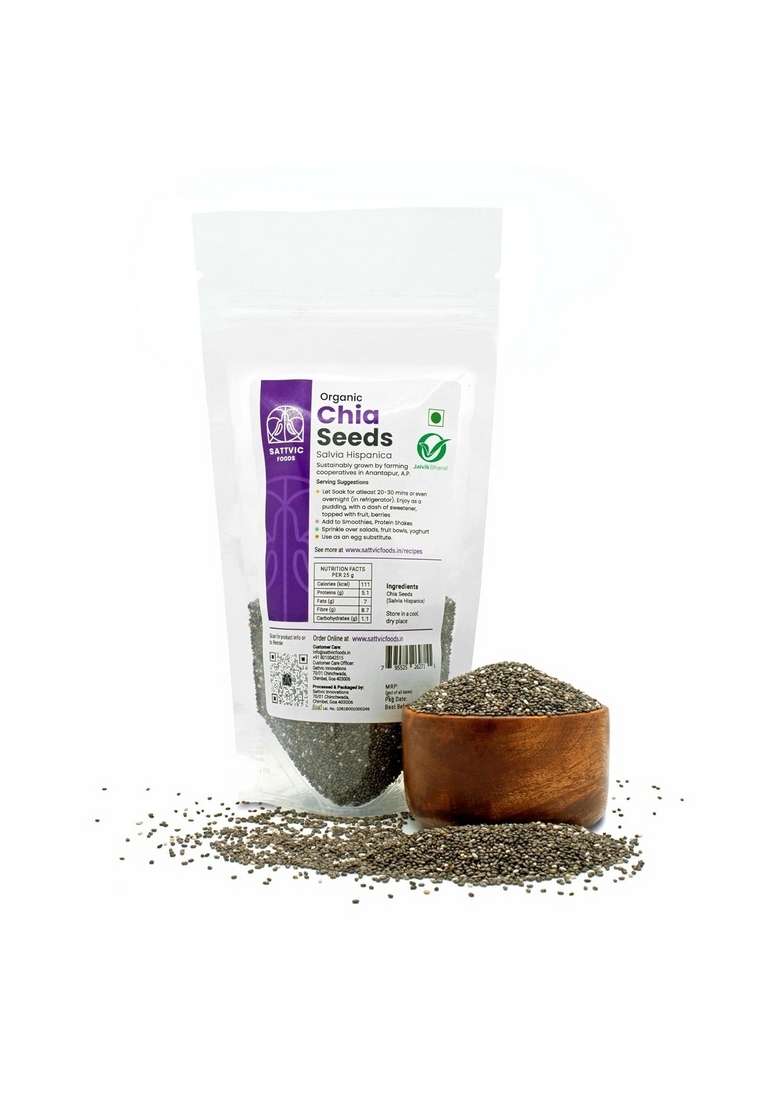 Sattvic Foods Chia Seeds (100 G) | Certified Organic, Indian-Origin, Gluten-Free & Vegan Superfood Fibre Protein Packed Add To Water, Cereals, Oatmeal, Smoothies Desserts - Indya