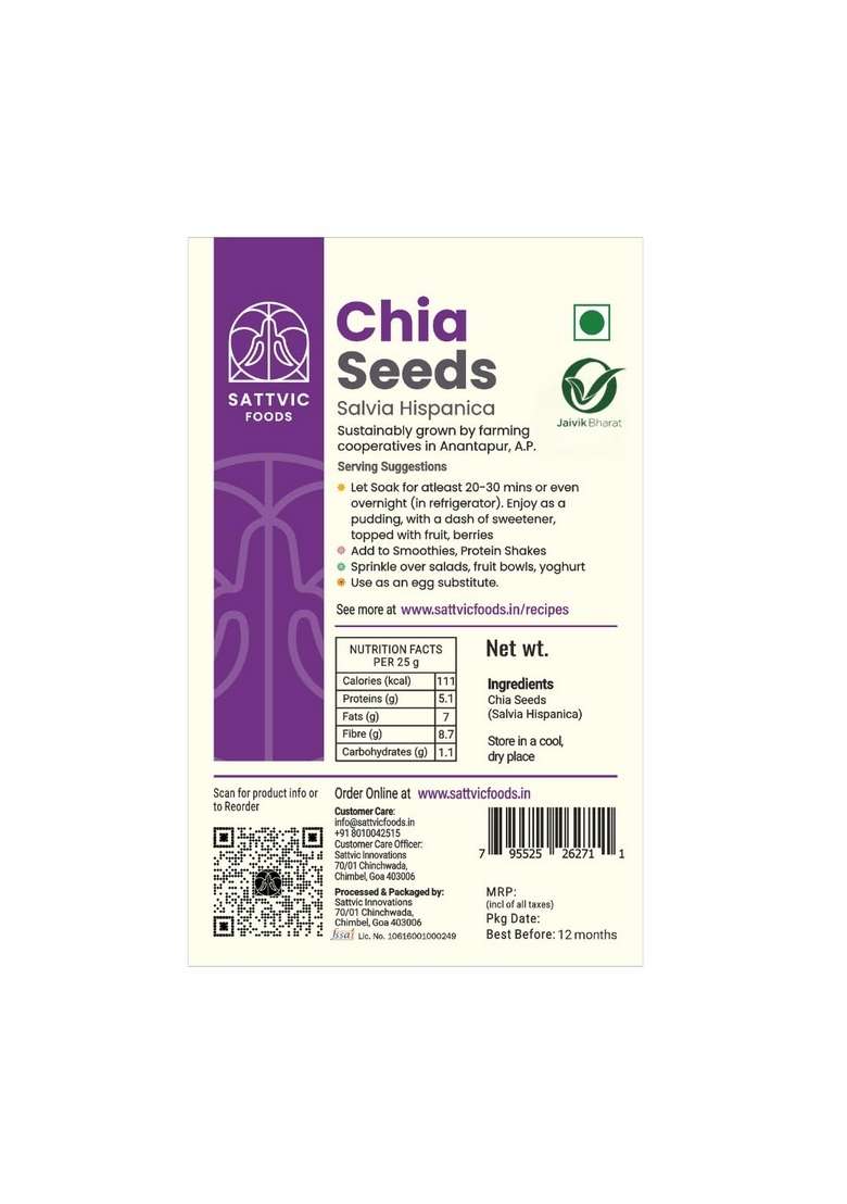 Sattvic Foods Chia Seeds (100 G) | Certified Organic, Indian-Origin, Gluten-Free & Vegan Superfood Fibre Protein Packed Add To Water, Cereals, Oatmeal, Smoothies Desserts - Indya