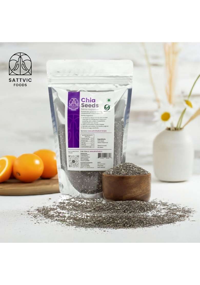 Sattvic Foods Chia Seeds (100 G) | Certified Organic, Indian-Origin, Gluten-Free & Vegan Superfood Fibre Protein Packed Add To Water, Cereals, Oatmeal, Smoothies Desserts - Indya