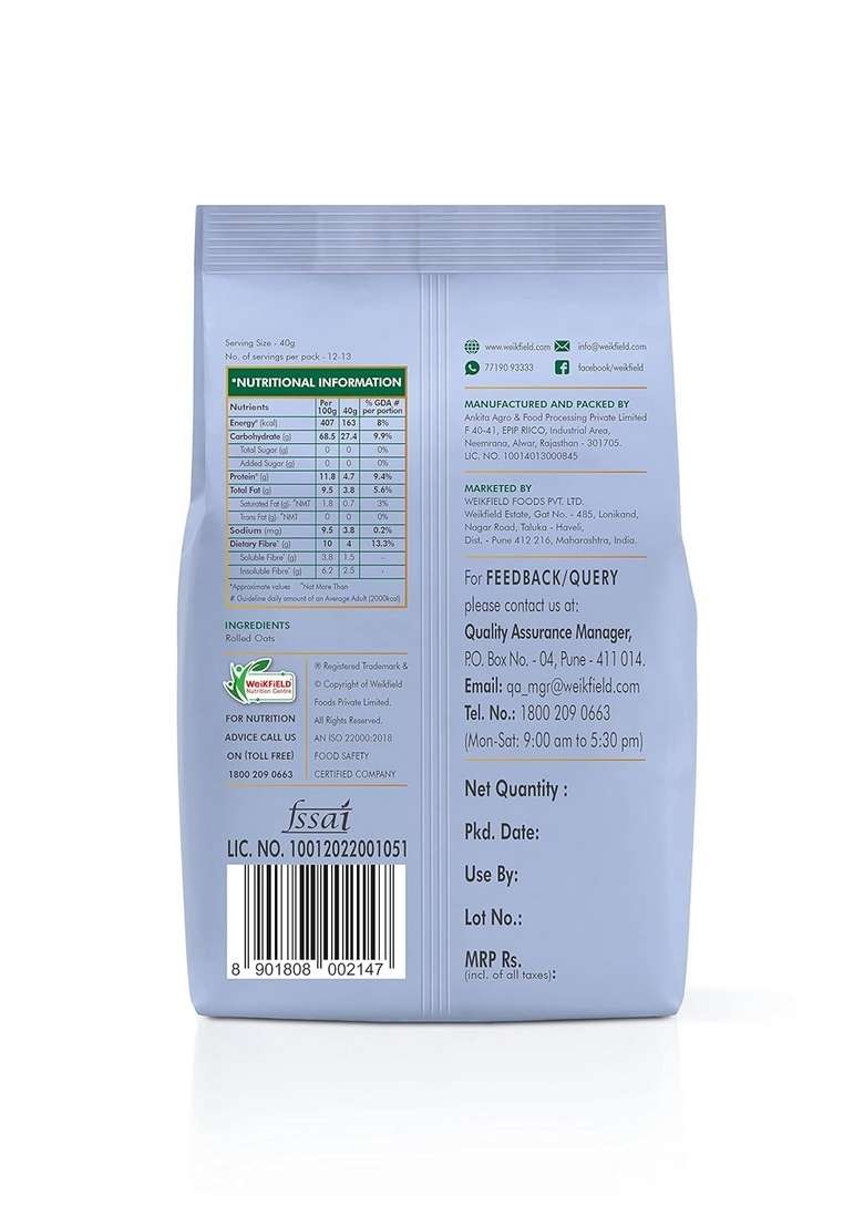 Weikfield Eco Valley Hearty Oats In Pouch 1 Kg| Rich Protein And Fibre| Rolled Natural Wholegrain| Nutritious Breakfast Cereals| 100% Grain| Cooks 3 Minutes|Quick Cooking Oats| No Added Sugar - Indya