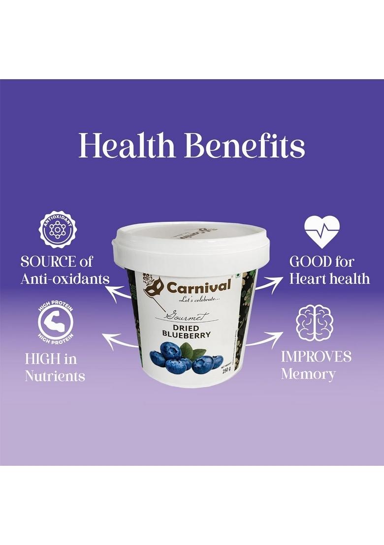 Carnival American Premium Dried Blueberry | Whole And Blueberry| Rich In Calcium Vitamin K| Healthy Tasty| No Added Preservatives| Ideal For Snacking 250Gram