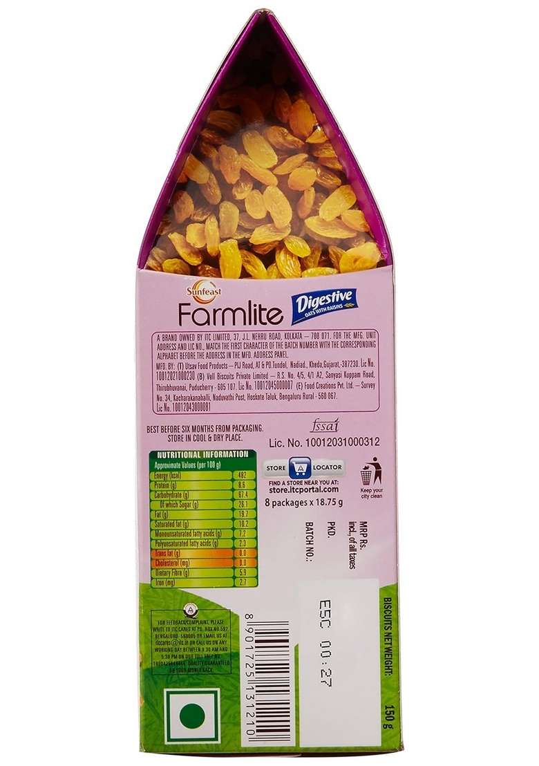 Sunfeast Farmlite Digestive Oats With Raisins Biscuits, 150G - Indya