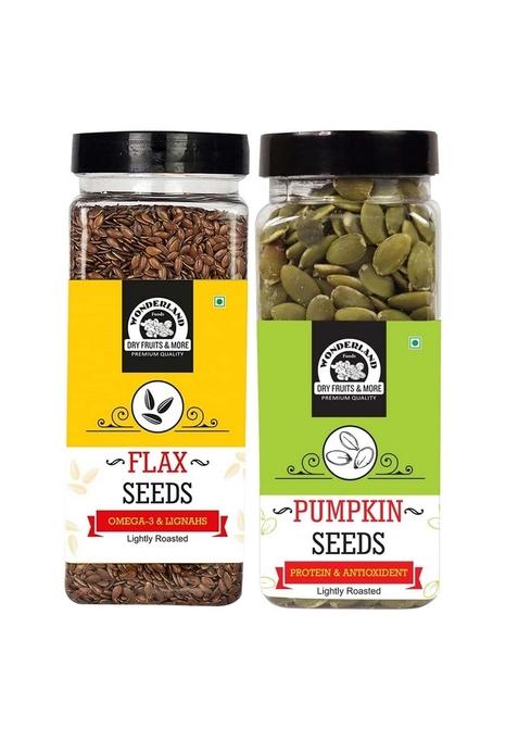 Wonderland Foods (Device) 600G Roasted Seeds Combo Pack Of Pumpkin 200G & Flax (200G X 2) Jar