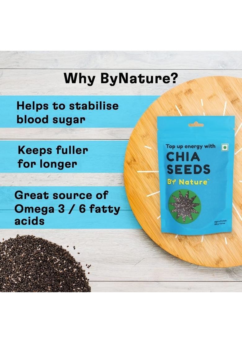 By Nature Chia Seeds, 100G (Pack Of 2) Premium Raw And Unroasted | Rich In Omega 3 Fibre 100% Vegan Superfood Diet Snacks Supports Digestive Skin Health Seeds For Eating